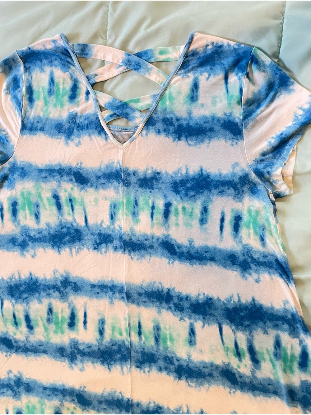 Cato Blue and Seafoam Tie-Dye Curve Neck Short Sleeve Top with Crisscross Back